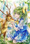  1girl absurdres ascot blue_skirt blue_vest bow bowtie commentary_request daiyousei deer fairy fairy_wings forest frilled_skirt frills green_bow green_eyes green_hair hair_bow highres kazu_(pixiv_73870096) long_hair nature open_mouth outdoors puffy_short_sleeves puffy_sleeves short_sleeves sitting skirt smile solo touhou traditional_media vest watermark wings yellow_ascot yellow_bow yellow_bowtie 
