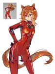  1girl animal_ears bodysuit commentary cosplay ear_ribbon english_commentary figure-referenced flat_chest hair_between_eyes hand_on_own_hip highres horse_ears horse_girl horse_tail looking_at_viewer mecha_pilot_suit neon_genesis_evangelion orange_hair parted_lips plugsuit_(evangelion) posing purple_eyes red_bodysuit s0jusag1 short_hair simple_background skin_tight souryuu_asuka_langley souryuu_asuka_langley_(cosplay) t.m._opera_o_(umamusume) tail umamusume white_background 
