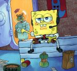  1boy 1girl absurdres artist_name blue_eyes bowl buck_teeth camrymel commentary controller crossed_arms derivative_work english_commentary food freckles french_fries game_controller grand_theft_auto grand_theft_auto_v highres holding holding_controller jimmy_flipping_off_tracey_(meme) man_ray_(spongebob) meme off-topic parody pet_bowl playstation_controller sandy_cheeks spongebob_squarepants spongebob_squarepants_(series) squirrel teeth thumbs_down 