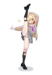  1girl :d absurdres black_shoes black_socks blonde_hair blue_eyes brown_cardigan cardigan collarbone commentary grey_shirt grey_skirt hair_ornament hair_over_one_eye hairclip half-closed_eyes hand_on_own_leg highres kneehighs leg_lift long_sleeves looking_at_viewer low_block_heels lower_leg_strap midriff_peek miniskirt multicolored_hair neckerchief one_eye_covered open_mouth original panties pantyshot pink_neckerchief pleated_skirt red_hair red_streaks ribbed_socks sailor_collar school_uniform serafuku sharp_teeth shenqi_xiaohuang shirt shoes short_hair simple_background skirt smile socks solo sparkle split standing standing_on_one_leg standing_split streaked_hair teeth underwear upper_teeth_only white_background white_panties white_sailor_collar zornia_(shenqi_xiaohuang) 