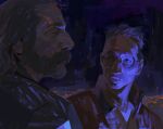  2boys absurdres closed_eyes disco_elysium facial_hair friendly_mutton_chops glasses hair_slicked_back harry_du_bois highres jacket kim_kitsuragi looking_at_another male_focus multiple_boys outdoors oxxxomo round_eyewear short_hair 