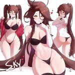  1girl ahoge ass bandaged_arm bandages bandaid bandaid_on_face bandaid_on_leg bandaid_on_nose bandaid_on_thigh bikini black_bikini black_bra black_choker black_panties black_thighhighs blush bra breasts brown_hair choker commentary curvy english_commentary hair_between_eyes heart heart-shaped_lock heart_ahoge heart_choker heart_in_eye highleg highleg_bikini highres hip_focus huge_ahoge indie_virtual_youtuber jamesrt large_breasts long_hair multiple_views navel panties ponytail shirt sky_above_me_(vtuber) swimsuit symbol_in_eye thighhighs thighs twintails underwear very_long_hair virtual_youtuber white_background white_shirt wide_hips yellow_eyes 