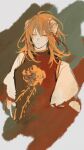  1girl absurdres ahoge closed_mouth commentary double_bun expressionless floral_print flower hair_between_eyes hair_bun half-closed_eyes highres ibaraki_kasen medium_hair pink_eyes pink_hair red_tabard rose rose_print shirt solo tabard touhou touka446 upper_body white_shirt 