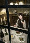  1girl absurdres animal_ear_fluff animal_ears black_hair black_necktie breasts candelabra candle candlestand cat_ears cat_girl closed_eyes commentary_request curtained_hair fang flower food fork from_outside hanging_light highres holding holding_fork holding_knife indoors knife lamp lampshade long_hair medium_breasts necktie original parted_bangs plate rain shirt skin_fang steak table tablecloth takubon vase vest waistcoat wavy_hair white_flower white_shirt window 