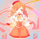  3girls beret black_gloves blue_hair bow bowtie breasts brown_corset brown_hair commentary_request corset cowboy_shot detached_sleeves drill_hair fingerless_gloves gloves hair_ribbon hat kaname_madoka looking_at_viewer magical_girl mahou_shoujo_madoka_magica mahou_shoujo_madoka_magica_(anime) medium_breasts medium_hair miki_sayaka mitakihara_school_uniform multiple_girls open_mouth pink_background pink_hair red_ribbon ribbon school_uniform shirt short_hair smile solo_focus tcmk tomoe_mami tomoe_mami_(magical_girl) twin_drills white_shirt yellow_bow yellow_bowtie 