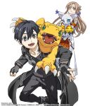  1boy 1girl agumon armor artist_name asuna_(sao) bandai_namco black_eyes black_hair blue_eyes brown_eyes brown_hair bunbun commentary_request company_name copyright_notice crossover digimon digimon_(creature) digimon_story:_time_stranger fingerless_gloves gloves green_eyes hair_between_eyes hair_ornament holding holding_digimon kirito long_hair looking_at_viewer official_art open_mouth second-party_source short_hair simple_background smile sword_art_online tailmon white_background 