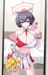  1girl absurdres animal_ears bare_shoulders bed beetleasd black_eyes black_hair blue_archive bracelet breasts cellphone cheerleader cleavage commentary criss-cross_halter detached_collar gloves hair_between_eyes halo halterneck highres holding holding_phone holding_pom_poms indoors jewelry large_breasts millennium_cheerleader_outfit_(blue_archive) miniskirt mirror mirror_selfie navel open_mouth phone pleated_skirt pom_pom_(cheerleading) posing raccoon_ears red_halo selfie short_hair skirt smartphone solo sports_bra tsubaki_(blue_archive) two-tone_sports_bra white_skirt 