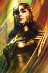  1girl abstract_background armor black_hair breasts closed_mouth comic_cover commentary cover cover_page dc_comics english_commentary gal_gadot gold_armor gold_helmet hair_over_shoulder helmet highres long_hair looking_at_viewer official_art signature solo stanley_lau textless_cover_page textless_version upper_body wonder_woman wonder_woman_(series) 