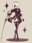  1girl 2b_(nier:automata) absurdres black_boots black_dress black_gloves black_hairband black_thighhighs blindfold boots chimney_(chimney0311) cleavage_cutout closed_mouth clothing_cutout commentary dress facing_viewer full_body gloves grey_background hair_over_one_eye hairband high_heel_boots high_heels highres holding holding_sword holding_weapon leotard leotard_under_clothes mole mole_under_mouth nier:automata nier_(series) short_hair simple_background solo sparkle standing sword thigh_boots thighhighs thighhighs_under_boots three-quarter_sleeves weapon white_hair white_leotard 