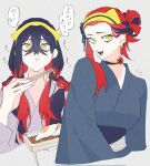  1girl alternate_costume black_hair black_ribbon black_sash blue_kimono braid carmine_(pokemon) choker chopsticks colored_inner_hair commentary_request crossed_bangs eating egg_(food) food grey_background grey_kimono hair_between_eyes hair_bun hairband highres holding holding_chopsticks japanese_clothes kimono long_hair long_sleeves looking_at_viewer low_twin_braids mole mole_under_eye multicolored_hair multiple_views ofuton_1414 open_mouth pokemon pokemon_scarlet_and_violet red_hair ribbon sash simple_background solo twin_braids two-tone_hair upper_body yellow_eyes yellow_hairband 