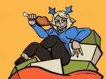  1girl animal_ears animal_nose antlers blonde_hair blue_horns blue_lips blue_nose carol_holiday christmas_present commentary deer_antlers deer_ears deer_girl deltarune eating english_commentary feelingmachine furry furry_female gift grey_fur hooves horns how_the_grinch_stole_christmas! mature_female nail_polish reindeer_girl self-upload simple_background solo suit the_grinch_(game_boy_color) turkey_leg utdr_(toby_fox) yellow_background 
