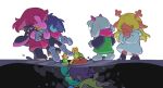  1boy 1other 2girls animal_ears antlers armlet armpit_carry asphyxiation blonde_hair blue_hair blue_skin bracelet colored_skin commentary deer_antlers deer_ears deer_girl deltarune dragging drowning dual_persona english_commentary gaida goat_boy goat_ears highres horns jewelry kris_(dark_world)_(deltarune) kris_(deltarune) multiple_girls noelle_holiday noelle_holiday_(dark_world) pink_horns pink_scarf purple_hair ralsei reptile_girl scarf spiked_armlet spiked_bracelet spikes submerged susie_(dark_world)_(deltarune) susie_(deltarune) time_paradox utdr_(toby_fox) water weird_route_(deltarune) 
