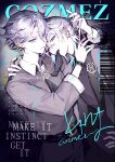  2boys absurdres belt black_neckerchief black_shirt blue_eyes bracelet commentary earrings group_name hand_in_another's_hair highres jewelry male_focus multiple_boys neckerchief necklace paradox_live purple_hair reiko_joestar ring shirt short_hair turtleneck untranslatable_commentary yaoi yatonokami_kanata yatonokami_nayuta 