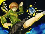  0nmg 1girl absurdres badge bike_shorts brown_eyes brown_hair button_badge character_name commentary glasses green_jacket highres jacket long_sleeves persona persona_4 persona_4_revival round_eyewear satonaka_chie school_uniform smiley_face solo tarot the_chariot_(tarot) tomboy tomoe_(persona_4) track_jacket yasogami_school_uniform 