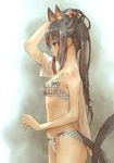  adjusting_hair animal_ears arm_up black_hair blouse bow bow_bra bow_panties bra branch_(blackrabbits) breasts brown_hair cat_ears cat_tail dressing extra_ears grey_eyes hand_in_hair lingerie long_hair mouth_hold panties profile ribbon solo tail underwear underwear_only 