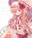  1girl alternate_costume alternate_hair_length_(longer) blonde_hair blush bow collared_shirt commentary_request crystal crystal_wings fang flandre_scarlet frilled_skirt frills hair_between_eyes hat hat_bow highres holding holding_umbrella kemo_chiharu long_hair looking_at_viewer mob_cap multicolored_wings open_mouth pink_umbrella red_bow red_eyes red_skirt shirt signature sitting skirt smile solo touhou umbrella very_long_hair white_hat white_shirt wings 