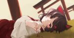  1girl :3 alternate_costume animal_ears blurry blurry_background blush breasts brown_hair closed_mouth commentary_request dog_ears film_grain flower from_side grass hair_flower hair_ornament hand_up heterochromia inui_toko japanese_clothes kimono large_breasts long_hair long_sleeves looking_at_viewer looking_to_the_side lying mashico_ocihsam miko multiple_torii nijisanji on_back orange_eyes outdoors pink_nails red_eyes red_skirt skirt sky solo string string_of_fate tearing_up torii turning_head upper_body virtual_youtuber white_kimono yellow_sky 