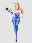  1girl absurdres alcohol animal_ears artoria_pendragon_(fate) artoria_pendragon_(lancer)_(fate) artoria_pendragon_(swimsuit_ruler)_(fate) ass_visible_through_thighs black_shoes blonde_hair blue_gloves blue_pantyhose blush breasts cleavage commentary elbow_gloves eyebrows_hidden_by_hair fake_animal_ears fate/grand_order fate_(series) full_body fur_shawl glass gloves grey_background high_heels highres holding holding_tray huge_breasts lochen long_hair looking_at_viewer navel open_mouth pantyhose playboy_bunny ponytail rabbit_ears shawl shoes simple_background smile solo stiletto_heels tray whiskey white_wrist_cuffs wrist_cuffs 