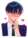  1boy absurdres alien_stage ametuji anakt_arts_high_school_uniform black_hair black_jacket black_necktie blazer blush closed_mouth collared_shirt commentary cropped_torso diagonal-striped_clothes diagonal-striped_necktie fang fang_out finger_to_mouth heart heart-shaped_pupils highres ivan_(alien_stage) jacket male_focus necktie school_uniform shirt short_hair solo striped_clothes striped_necktie sweat symbol-shaped_pupils thick_eyebrows untranslatable_commentary very_short_hair white_background white_shirt 