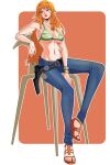  1girl bangle bare_shoulders belt bikini bikini_top_only blue_pants border bracelet breasts brown_eyes chair cleavage collarbone commentary denim earrings feet full_body gold_bangle green_bikini halterneck jeans jewelry large_breasts lips log_pose long_hair looking_to_the_side nami_(one_piece) navel o_soe_draws23 on_chair one_piece orange_hair outside_border pants pearl_earrings red_lips sandals sitting solo stomach swimsuit toes underboob white_border 