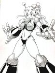  1girl :d aged_up android antennae armor armored_boots arms_up bikini_armor black_gorget blonde_hair boots breast_missiles breastplate breasts clenched_hands commentary_request covered_navel covered_nipples cowboy_shot earphones full_body gorget green_eyes green_ribbon groin hair_between_eyes hair_ribbon hairband hand_on_own_hip hand_up headphones high_ponytail highres hyper_roll_(marvel_vs._capcom) joints knee_boots knee_guards knee_pads large_breasts long_hair looking_at_viewer marvel_vs._capcom marvel_vs._capcom_2 mechanical_arms mechanical_boots mechanical_legs mega_man_(classic) mega_man_(series) metal_gloves miyako_(toykingpaint) monochrome navel ponytail radio_antenna ribbon robot robot_girl robot_joints roll_(mega_man) shoulder_armor sidelocks simple_background smile solo standing 