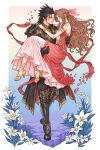  1boy 1girl aerith_gainsborough alternate_costume armlet armor armored_boots bangle bare_shoulders black_armor black_gloves black_hair black_pants blue_eyes blush boots bracelet brown_hair carrying commentary couple crylin6 dress english_commentary final_fantasy final_fantasy_vii flower full_body gloves gold_bangle gold_trim green_eyes hair_flower hair_ornament hair_ribbon hetero high_heel_sandals high_heels highres jewelry knight long_hair looking_at_another pants parted_bangs parted_lips petals pink_dress pink_flower pink_petals pink_ribbon princess_carry ribbon sandals short_hair shoulder_armor spiked_hair standing toes white_flower zack_fair 