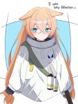 1girl animal_ears blue_background blue_eyes blush border commentary_request cropped_torso double-parted_bangs droopy_ears english_text faelynn_(girls'_frontline_2) frown g41_(girls'_frontline) girls'_frontline girls'_frontline_2:_exilium gun hair_between_eyes handgun highres holding holding_gun holding_weapon jacket lonely long_hair long_sleeves looking_at_viewer orange_hair outside_border sidelocks simple_background smoke_grenade solo tesura_(teslamk2) upper_body very_long_hair weapon white_border white_jacket 