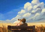 1boy 1girl absurdres aircraft airplane bare_shoulders bench blonde_hair blue_sky brown_hair casual cloud cloudy_sky commentary contrail day english_commentary field from_behind grass highres horizon katawa_shoujo leaning_on_person long_hair messy_hair mk_oka nakai_hisao outdoors painterly ponytail satou_lilly scenery short_hair sitting sky sunlight wheat_field 