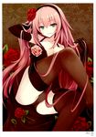  absurdres black_legwear black_panties breasts cleavage collarbone elbow_gloves flower gloves hand_in_hair highres large_breasts long_hair looking_at_viewer megurine_luka mikoto_akemi panties pink_flower pink_hair pink_rose red_flower red_rose rose smile solo thighhighs underwear vocaloid 