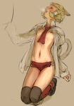  animal_ears blonde_hair branch_(blackrabbits) cat_ears cat_tail final_fantasy final_fantasy_xi flat_chest mithra navel open_clothes open_mouth open_shirt shirt short_hair solo tail thighhighs 