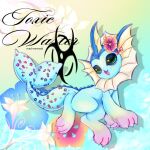  animal_print aqua_background aqua_eyes blue_fur cetacean_tail claws commentary fins fish_tail flower forked_tail gradient_background green_background head_fins highres lennardo_(grim_the_end) leopard_print no_humans pink_flower pokemon pokemon_(creature) tail vaporeon white_flower yellow_background 