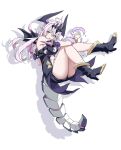  1girl ahoge arcanadea bare_shoulders black_boots black_dress blush boots diamond_hairband dress elbow_pads full_body gii_(arcanadea) highres horns huanxiang_huifeng midriff navel pointy_ears purple_eyes purple_hair solo tail white_background wings wristband 