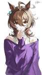  1girl agnes_tachyon_(casual)_(umamusume) agnes_tachyon_(umamusume) ahoge animal_ears bare_shoulders bra_strap breasts brown_hair chemical_structure closed_mouth commentary earrings english_commentary hair_between_eyes highres horse_ears horse_girl jewelry long_sleeves looking_at_viewer medium_hair necklace off-shoulder_shirt off_shoulder purple_shirt purple_sweater red_eyes shi_draco shirt single_earring smile solo sweater umamusume wolf_cut 