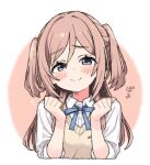  1girl aged_down alternate_hairstyle blue_eyes blue_ribbon blush brown_hair clenched_hands closed_mouth collared_shirt cropped_torso flying_sweatdrops gakuen_idolmaster hands_up hatching_(texture) hatsuboshi_gakuen_school_uniform head_tilt highres himesaki_rinami idolmaster linear_hatching long_hair looking_at_viewer moru_(monaka) neck_ribbon parted_bangs pink_background raised_inner_eyebrows ribbon school_uniform shirt shy simple_background sleeves_rolled_up smile solo sweater_vest three-quarter_sleeves translation_request two-tone_background two_side_up upper_body white_background white_shirt yellow_sweater_vest 