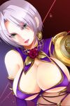  breasts earrings elbow_gloves flower gloves green_eyes isabella_valentine jewelry large_breasts lipstick makeup red_flower red_rose rose short_hair shoulder_pads solo soulcalibur soulcalibur_iv takamoto_akisa topless white_hair 