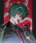  1boy animal animal_background apple belt black_belt black_gloves black_shirt brooch chest_belt commentary fangs food fruit gloves green_hair green_jacket half_gloves highres holding holding_food holding_fruit jacket jacket_on_shoulders jewelry licking_food long_sleeves long_tongue male_focus necktie okuta_dayo open_mouth red_eyes red_necktie shirt short_hair slit_pupils snake strange_eden tongue tongue_out untranslatable_commentary upper_body yao_(strange_eden) yellow_pupils 