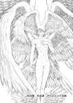  1girl abs amon:_devilman_mokushiroku angel angel_wings artist_name breasts closed_mouth commentary_request copyright_notice devilman feathered_wings feet_out_of_frame greyscale hand_on_own_chest hand_up head_wings highres kinutani_yuu looking_ahead low_wings medium_breasts monochrome multiple_wings muscular muscular_female navel no_nipples no_pussy official_art oversized_wings satan_(devilman) short_hair simple_background solo traditional_media white_background wings 