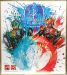  3boys animification armor clenched_hand commentary_request compound_eyes finishing_move kamen_rider kamen_rider_den-o kamen_rider_den-o_(liner_form) kamen_rider_den-o_(series) kamen_rider_zeronos kamen_rider_zeronos_(altair_form) kamen_rider_zeronos_(zero_form) kuchibiru_keisuke looking_at_viewer male_focus multiple_boys official_art rider_kick tokusatsu traditional_media 