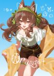  1girl 5fl1bb :d absurdres angelina_(arknights) angelina_(festival)_(arknights) animal_ear_fluff animal_ears animalization arknights belt blue_background brown_hair brown_shorts commentary cowboy_shot double-parted_bangs drawn_ears drawn_whiskers fox_ears fox_girl green_headscarf hair_between_eyes headscarf highres jacinta_(arknights) leaning_forward long_hair looking_at_viewer off-shoulder_shirt off_shoulder official_alternate_costume open_mouth ribbon shawl shirt shorts sky smile solo standing star_(symbol) thumpy_(arknights) timeslot_(arknights) twintails untranslatable_commentary white_ribbon white_shirt yellow_shawl 