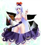  blue_hair book breasts hat k2isu kamishirasawa_keine large_breasts long_hair nipples open_book open_mouth pointing pubic_hair red_eyes revealing_cutout solo standing touhou very_long_hair 
