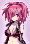  1girl alternate_breast_size_(larger) bikini bikini_top_only breasts cleavage closed_mouth collarbone commentary_request elbow_gloves gloves hair_over_one_eye hiraga_daidai large_breasts long_hair night_seeker_(sekaiju) night_seeker_2_(sekaiju) one_eye_covered pink_hair red_eyes sekaiju_no_meikyuu sekaiju_no_meikyuu_4 solo swimsuit upper_body wide_ponytail 