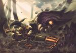  1boy armor bag belt black_cloak blurry blurry_background cloak closed_mouth commentary_request dappled_sunlight debris earclip earrings fantasy feet_out_of_frame from_side frown gauntlets glowing glowing_eyes gold_armor highres holding holding_polearm holding_shield holding_weapon jacket jewelry jun_(navigavi) knee_armor lance light_particles looking_at_another male_focus monster motion_blur orange_eyes original outdoors pauldrons polearm profile punching shield short_hair shoulder_armor slit_pupils sunlight tunic weapon white_hair yellow_armor yellow_tunic 