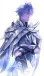  06binrays 1boy absurdres angel antenna_hair armor artist_name blue_eyes commentary cosplay crossed_arms english_commentary fire_emblem fire_emblem:_fortune's_weave full_armor grey_hair hair_between_eyes highres honkai:_star_rail honkai_(series) joshua_waters looking_at_viewer male_eshmel_(fire_emblem) parted_lips phainon_(honkai:_star_rail) shade signature solo standing upper_body voice_actor_connection wavy_hair white_background 