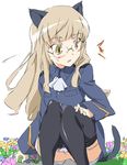  1girl animal_ears black_legwear blonde_hair blush brown_eyes face flower glasses long_hair looking_back military military_uniform panties panty_pull pantyhose pantyhose_pull perrine_h_clostermann solo squatting strike_witches sweatdrop tail umanosuke underwear uniform world_witches_series 