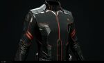  3d belt black_jacket blender_(medium) clothes_focus commentary company_logo copyright_logo copyright_name dark_background dated english_commentary eve_online grey_background highres jacket logo long_sleeves marmoset_toolbag_(medium) maya_(medium) minmatar_republic_(eve_online) no_humans official_art photorealistic realistic red_trim undoz upper_body zbrush_(medium) 