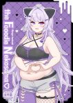  1girl :d ahoge alternate_hair_length_(longer) animal_ear_legwear animal_ears asymmetrical_legwear belly black_bustier breasts bustier camisole cat_ear_legwear cat_ears cat_girl cat_tail cleavage clothing_cutout comiket_108 commentary_request cover cover_page covered_nipples cowboy_shot doujin_cover english_text fishnet_thighhighs fishnets grey_shorts heart heart_cutout heart_hands highres hololive large_breasts light_blush looking_at_viewer mismatched_legwear mochigomemcmc nekomata_okayu nekomata_okayu_(gyaru) o-ring_collar official_alternate_costume official_alternate_hairstyle onigiri_ornament open_fly open_mouth pantyhose plump purple_eyes purple_hair purple_pantyhose shorts single_leg_pantyhose skindentation smile solo sticker_on_stomach tail tail_scrunchie thighhighs torn_camisole torn_clothes torn_shorts virtual_youtuber 