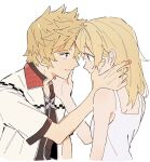  1boy 1girl attakaimizu7619 bare_shoulders black_vest blonde_hair breasts commentary_request couple dress hair_between_eyes hand_in_another's_hair hand_on_another's_cheek hand_on_another's_face hetero highres jacket kingdom_hearts kingdom_hearts_ii light_smile looking_at_another medium_hair namine parted_lips roxas short_hair sleeveless sleeveless_dress small_breasts spiked_hair upper_body vest white_background white_dress white_jacket 