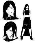  0gong0g 1girl apron arm_ribbon bare_shoulders black_apron black_boots black_gloves black_hair black_shorts black_vest boots closed_mouth commentary_request cropped_vest earrings final_fantasy final_fantasy_vii final_fantasy_vii:_advent_children full_body gloves greyscale highres jewelry korean_commentary long_hair midriff monochrome multiple_views navel parted_lips ribbon shirt shorts smile solo standing tifa_lockhart vest waist_apron white_background white_shirt 