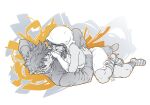  1boy 1girl abstract_background arm_behind_head bare_shoulders breast_curtains circe_(e.y.e:_divine_cybermancy) commander_rimanah commentary couple dated e.y.e:_divine_cybermancy english_commentary full_body hand_on_another's_waist hands_on_another's_chest hetero highres hooded_dress long_sleeves looking_at_another lying monochrome nose on_back orange_outline outline pants parted_lips ryouhiko_ankuu sandals signature spot_color under-elbow_gloves white_background 