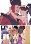  !? aladdin_(disney) aladdin_(movie) armlet arms_around_neck attakaimizu7619 bandeau bare_arms black_cloak black_hair blue_eyes blue_hat breasts brown_eyes brown_hair cloak crown_necklace dog_boy donald_duck duck_boy earrings facial_hair fez_hat goatee gold_armlet gold_earrings goofy hat hetero highres jafar jasmine_(disney) jewelry kingdom_hearts long_hair looking_at_another medium_breasts netorare official_alternate_costume open_mouth parted_lips ponytail purple_vest red_bandeau red_hat red_robe robe sideboob smile sora_(kingdom_hearts) tiara turban upper_body vest 